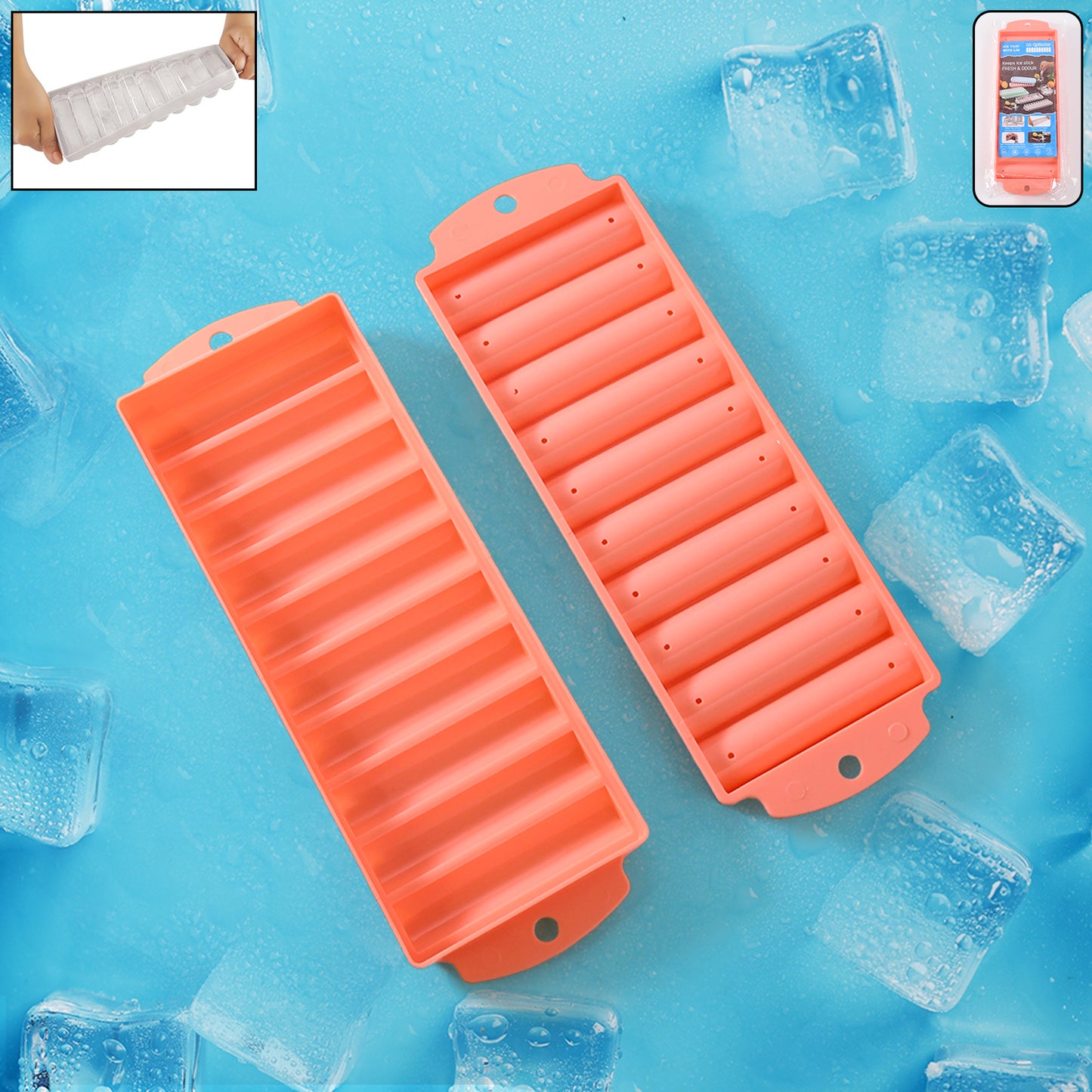 Two compact plastic ice stick trays by Wukusy for home and kitchen use, featuring individual slots for easy ice cube freezing.