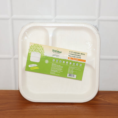 Wukusy compostable bagasse 3-compartment square meal plate for home and kitchen use, showing divided sections for meal presentation.