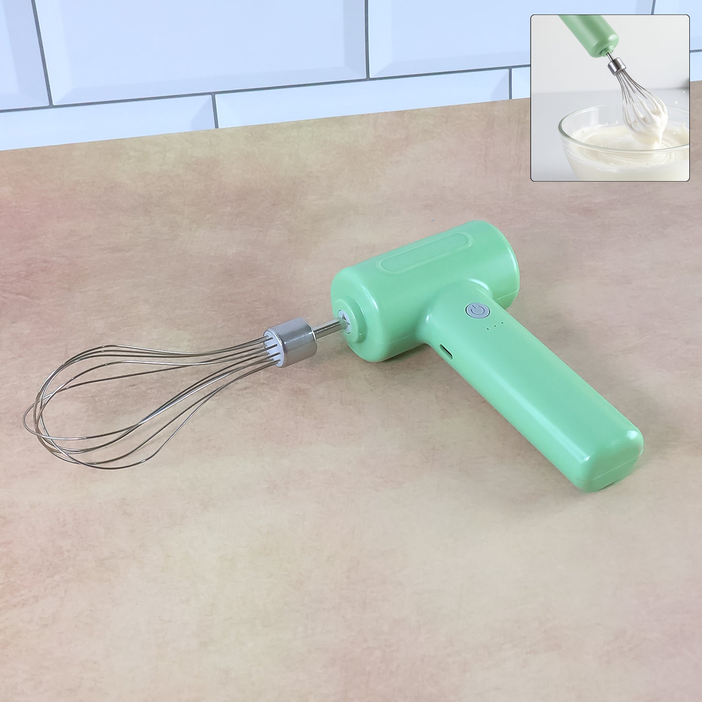 Wukusy cordless electric whisk and egg beater for home and kitchen use, showing the handheld appliance in a kitchen setting.