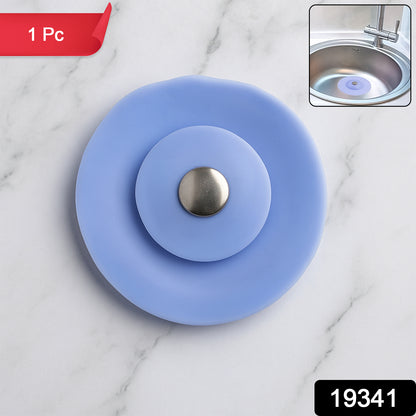 Blue silicone sewer sink sealer cover and drainer by Wukusy, multi-colored, fits kitchen sinks to prevent clogs and leaks.