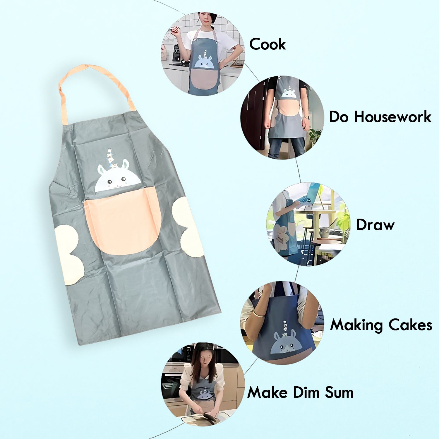 Wukusy cute cartoon animal design kitchen apron with colorful animal prints, ideal for home cooking and kitchen protection.
