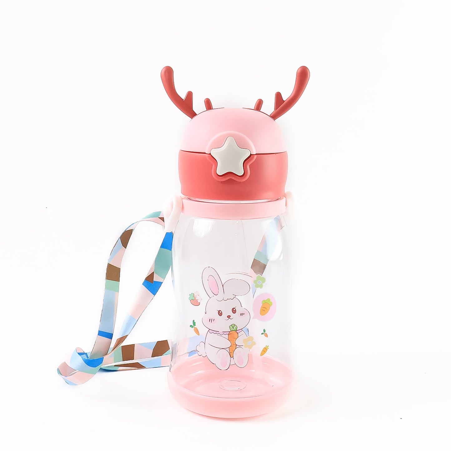 Cute cartoon water bottle by Wukusy, approx 450ml, featuring colorful design, ideal for home and outdoor use.