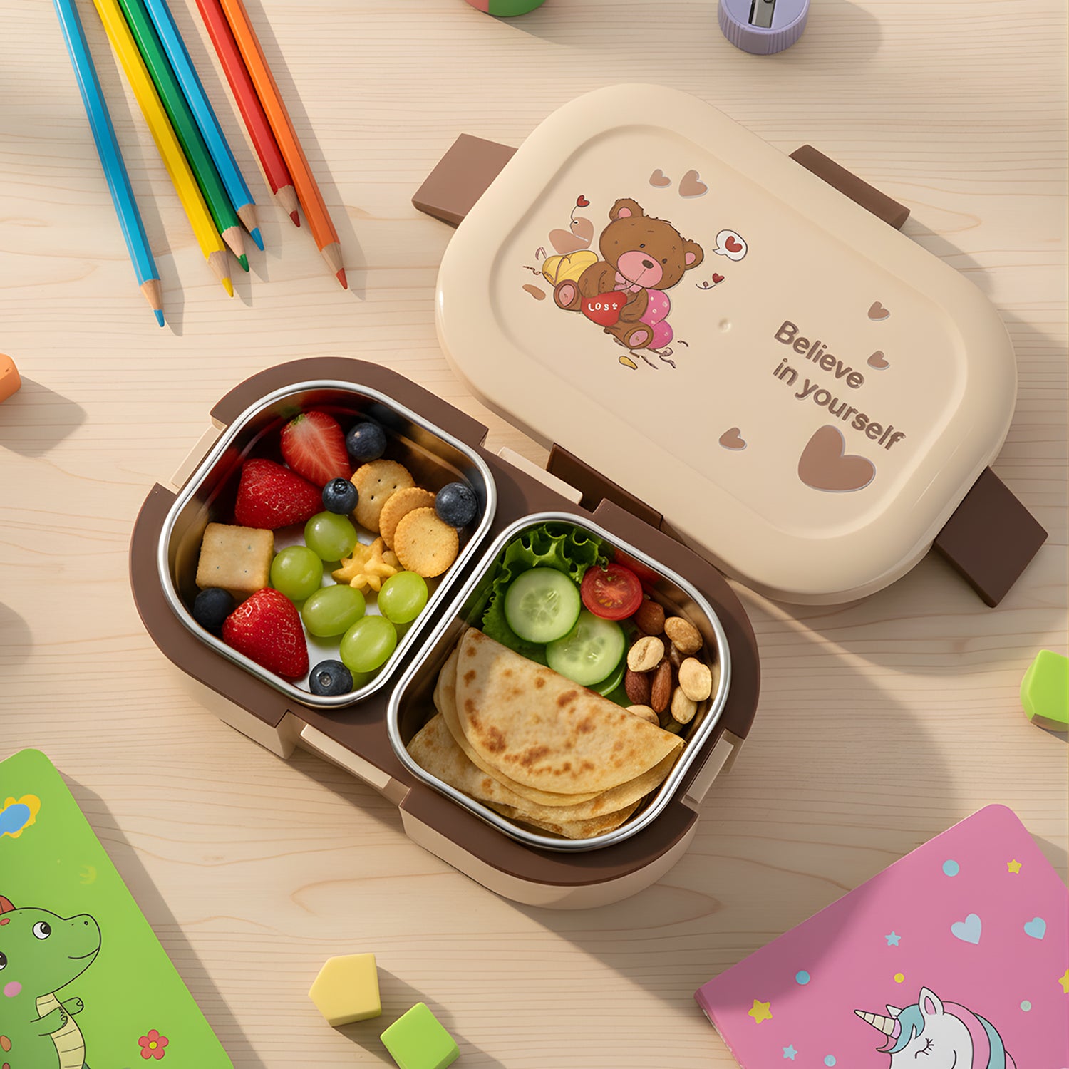 Cute Teddy printed kids lunch box by Wukusy, 500ml, featuring a playful teddy bear design, perfect for children's lunch storage.