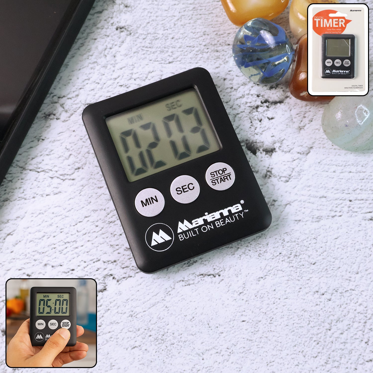 Wukusy digital kitchen countdown timer showing time display and control buttons on a white background.