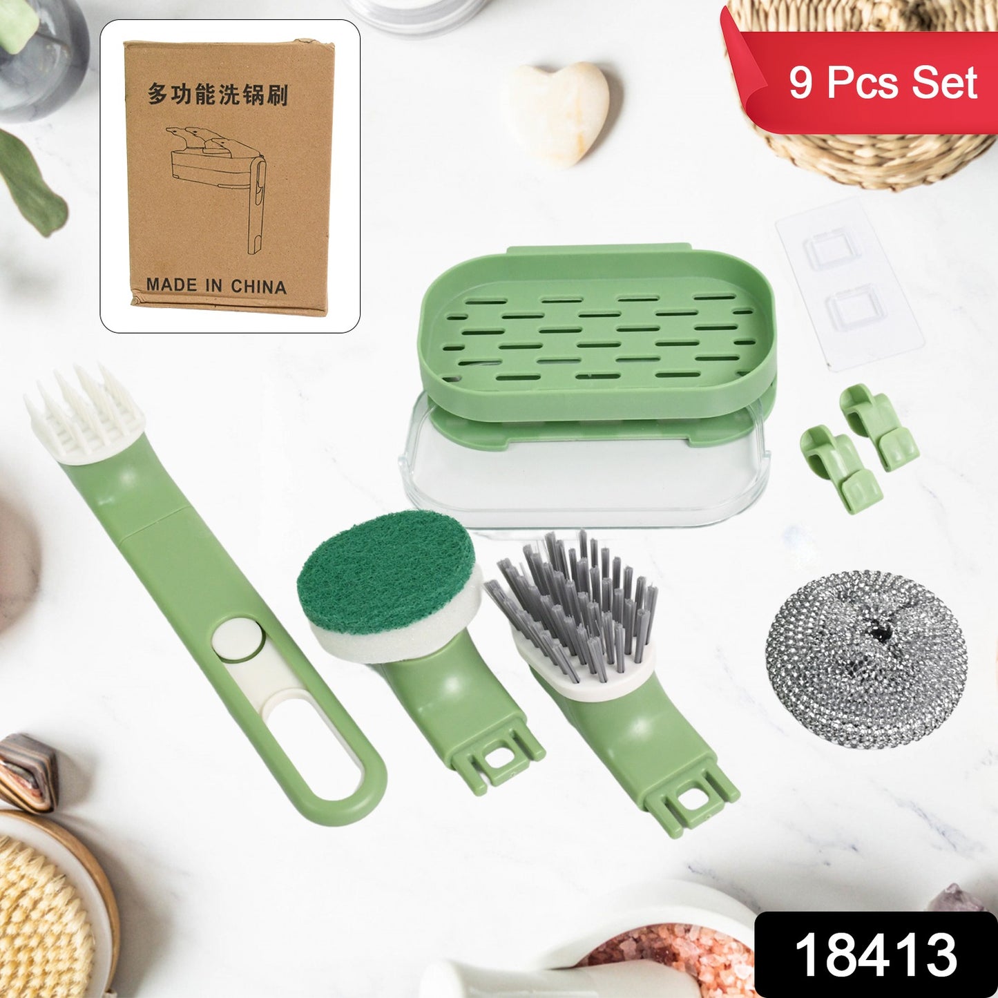 Wukusy 9-piece dish brush set with handles, replacement heads, and drain tray for kitchen cleaning and dishwashing.