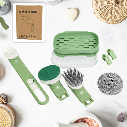 Wukusy 9-piece dish brush set with handles, replacement heads, and drain tray for kitchen cleaning and dishwashing.
