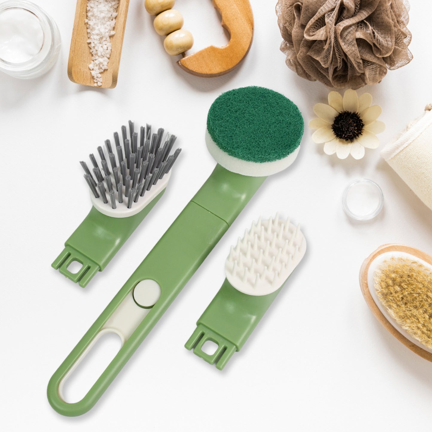 Wukusy 9-piece dish brush set with handles, replacement heads, and drain tray for kitchen cleaning.