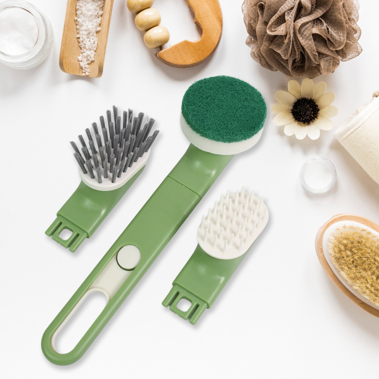Wukusy 9-piece dish brush set with handles, replacement heads, and drain tray for kitchen cleaning.
