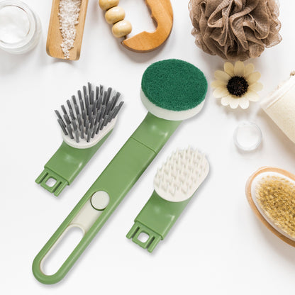 Wukusy 9-piece dish brush set with handles, replacement heads, and drain tray for kitchen cleaning.