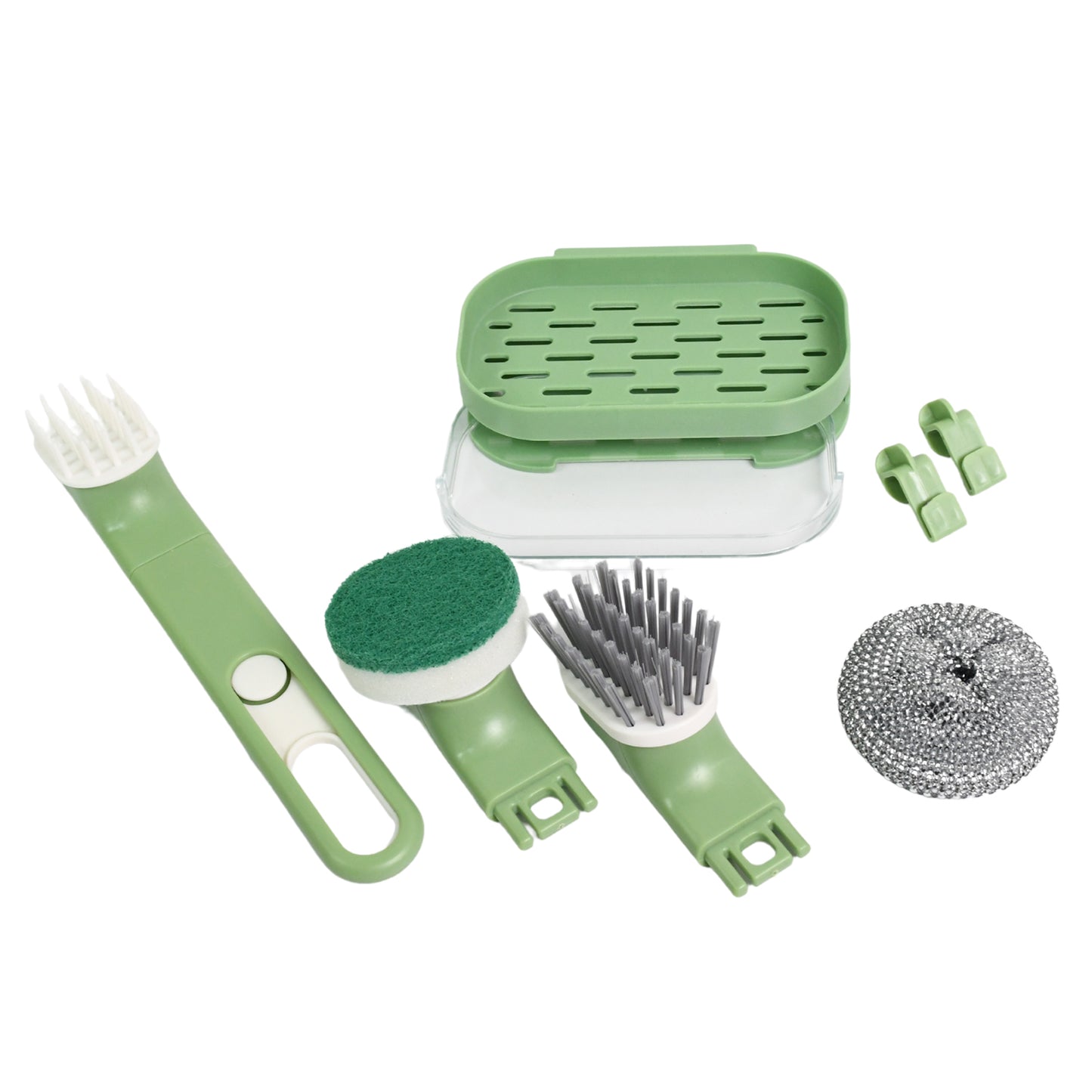 Wukusy 9-piece dish brush set with handles, replacement heads, and drain tray for kitchen cleaning and dishwashing tasks.