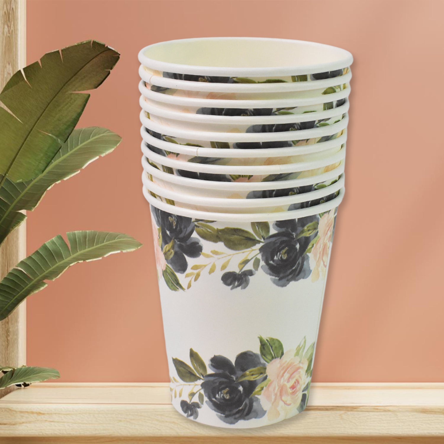 Set of 10 Wukusy disposable paper cups for tea and coffee with colorful mixed designs, ideal for home and kitchen use.