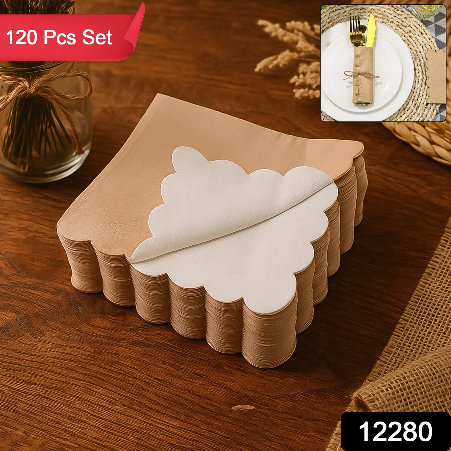 Set of 120 disposable tissue napkins with scalloped edges from Wukusy, ideal for home and kitchen use.