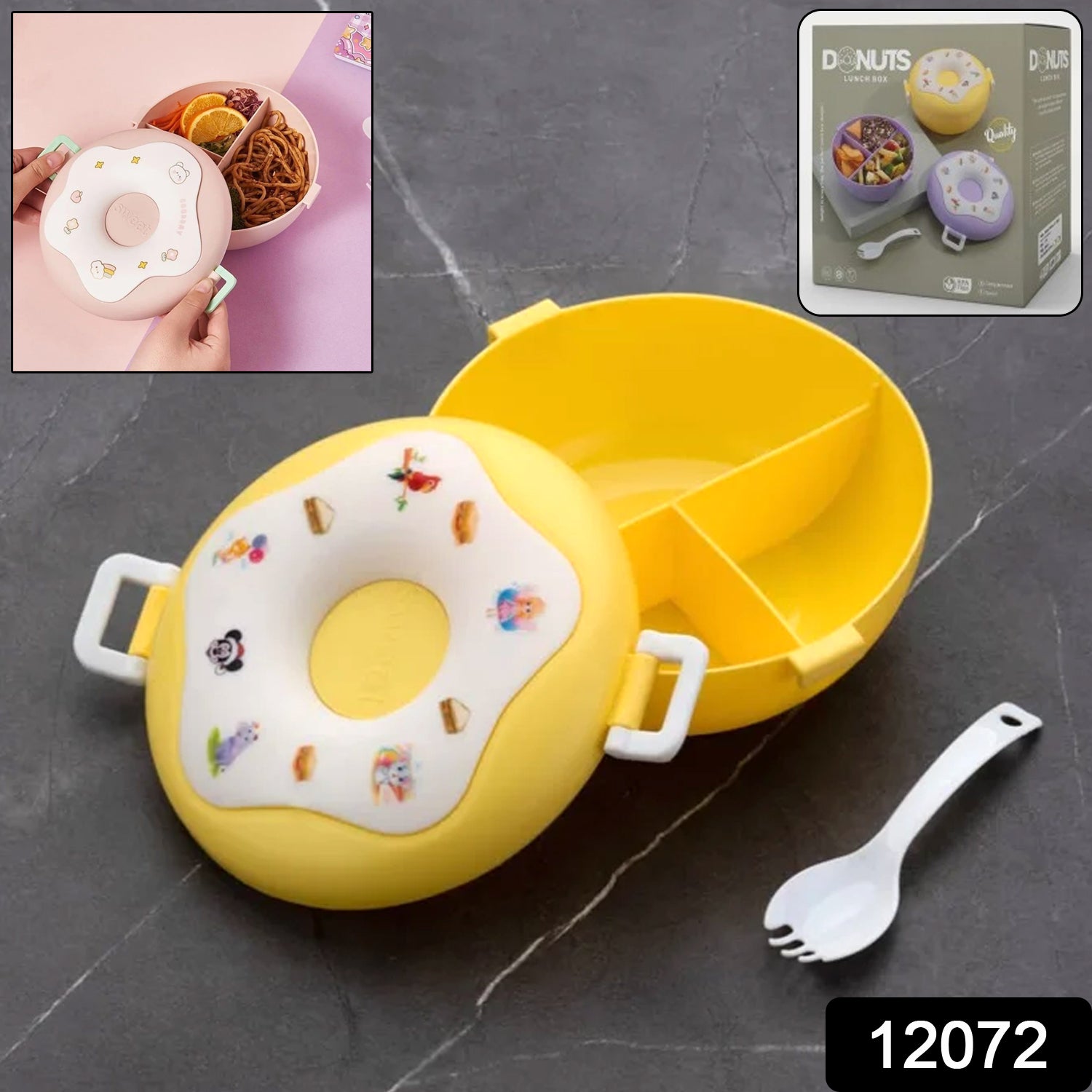 Wukusy donut-shaped double insulated lunch box with three compartments in mix colors, ideal for home and kitchen use.