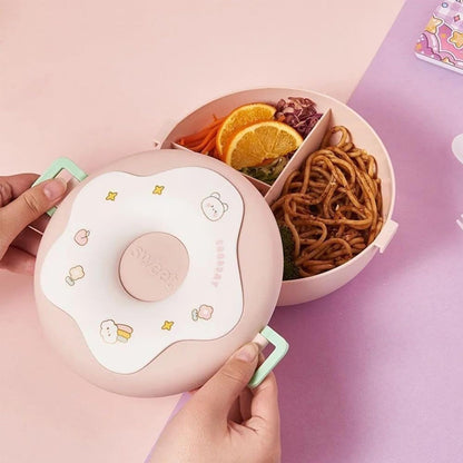 Wukusy donut-shaped double insulated lunch box with three compartments in mixed colors, ideal for home and kitchen use.