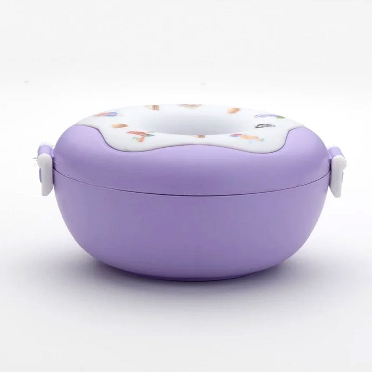Donut-shaped Wukusy insulated lunch box with three compartments, in mixed colors, perfect for home and kitchen use.