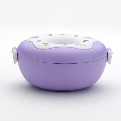 Donut-shaped Wukusy insulated lunch box with three compartments, in mixed colors, perfect for home and kitchen use.