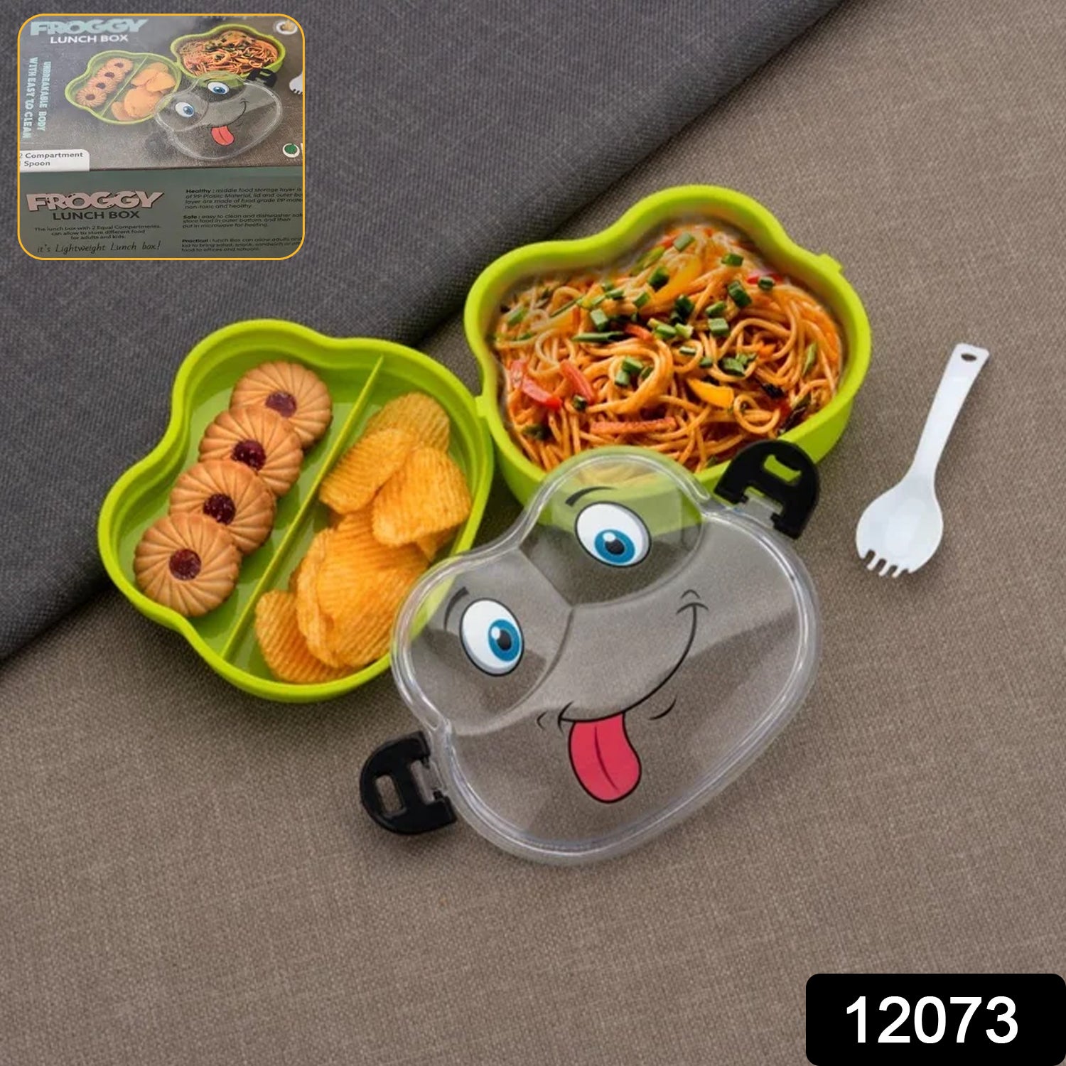 Double layer froggy-shaped lunch box with matching spoon in vibrant mixed colors, made by Wukusy for home and kitchen use.