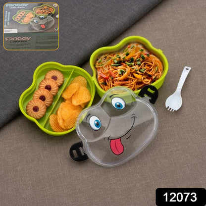Double layer froggy-shaped lunch box with matching spoon in vibrant mixed colors, made by Wukusy for home and kitchen use.