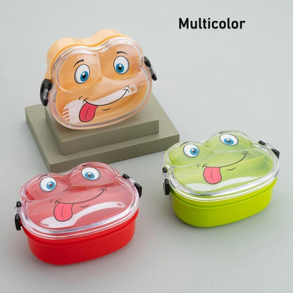 Colorful double-layer Froggy shape lunch box with spoon by Wukusy, featuring a playful design for kids' meals.