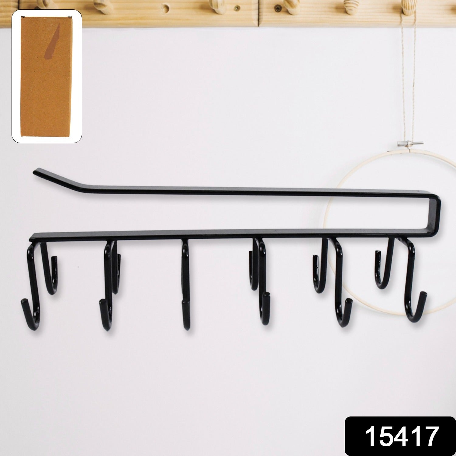 Wukusy double-row metal cupholder rack with six hooks, multi-purpose iron hanger for kitchen or home organization.