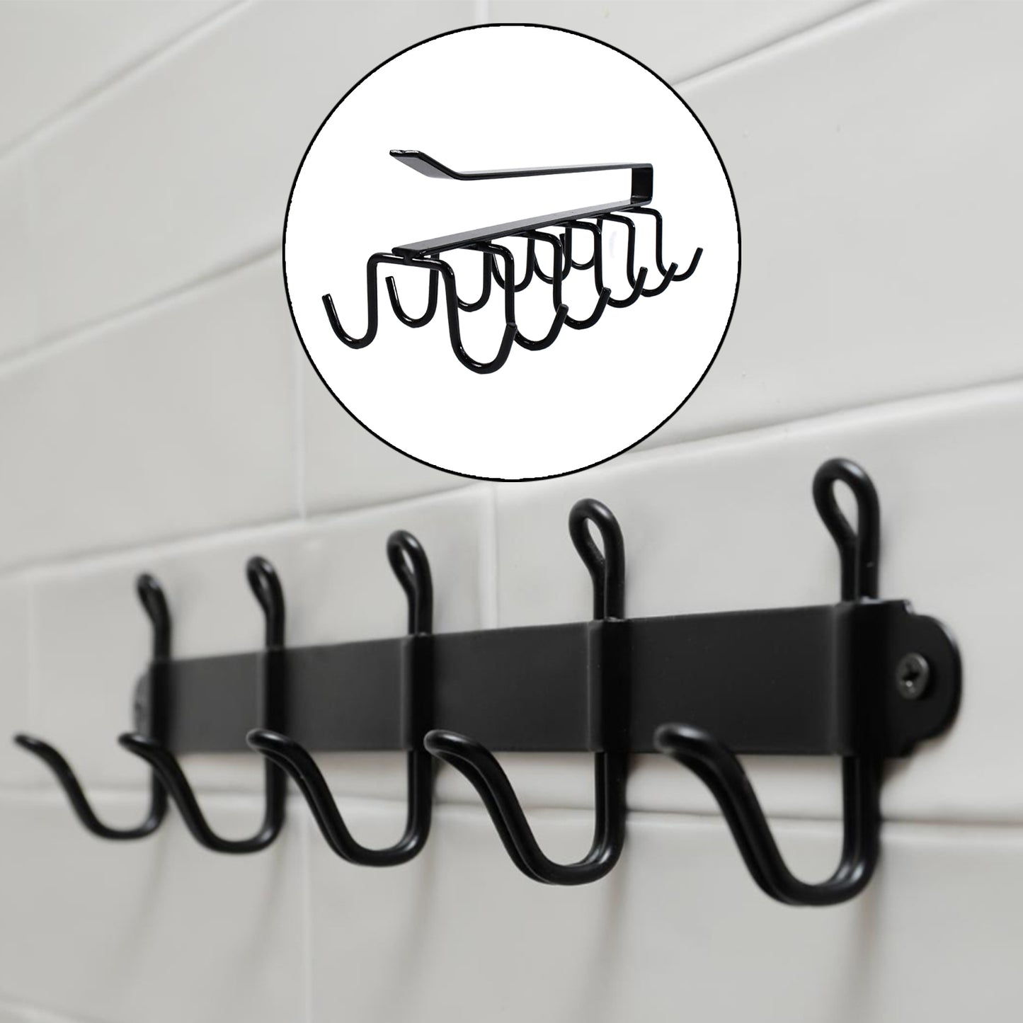 Wukusy double-row metal cupholder rack with six hooks, versatile iron hanger for kitchen or home organization.