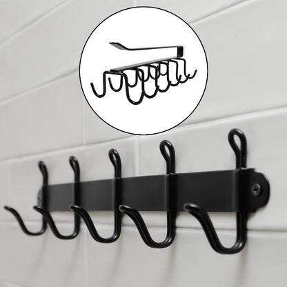 Wukusy double-row metal cupholder rack with six hooks, versatile iron hanger for kitchen or home organization.