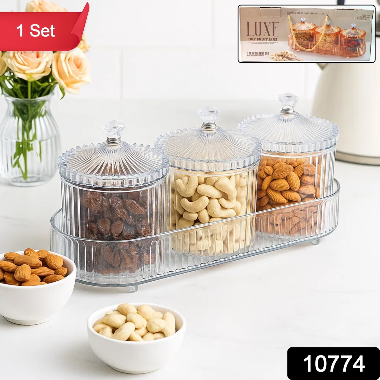Wukusy dry fruit snack storage 3-piece set for home and kitchen organization, featuring clear containers with airtight lids.