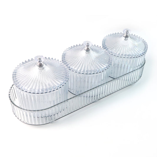 Wukusy dry fruit snack storage set with three clear plastic containers for kitchen organization and freshness.