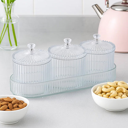 Wukusy dry fruit snack storage set with three clear, airtight containers for kitchen organization and fresh snack storage