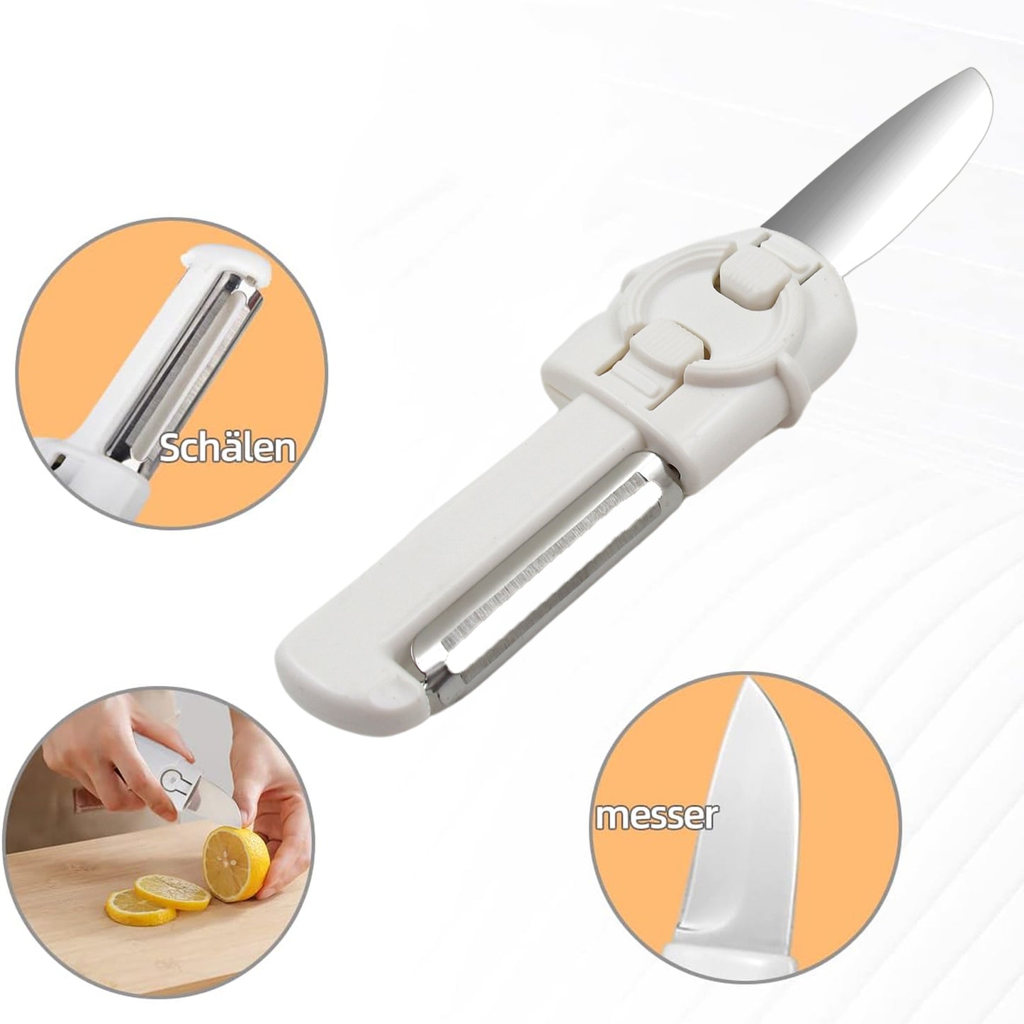 Wukusy 2-in-1 stainless steel knife and peeler with case, versatile kitchen tool for peeling and slicing vegetables and fruits.