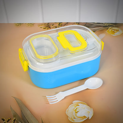 Wukusy durable plastic kids' lunch box with a built-in 2-in-1 spoon and fork for convenient meal packing.