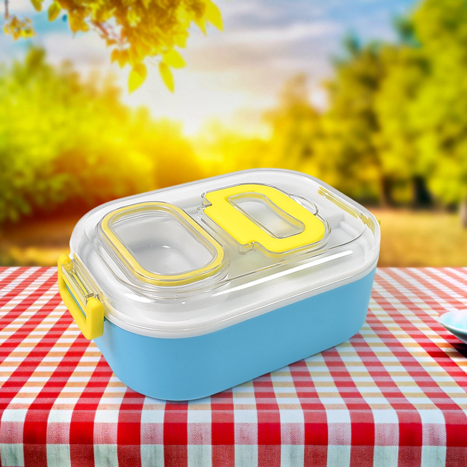 Durable Wukusy plastic lunch box for kids with a built-in 2-in-1 spoon and fork, ideal for school lunch storage.