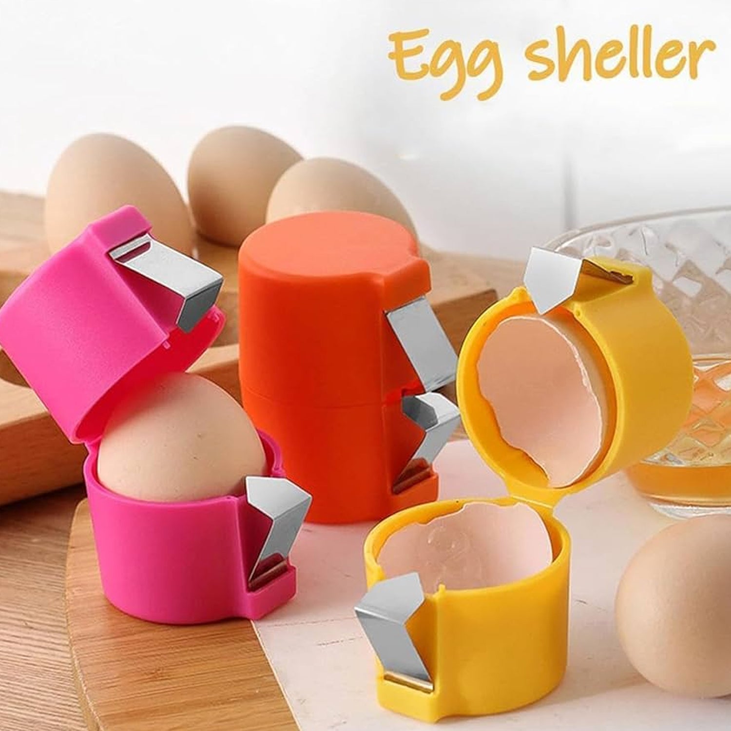Wukusy handheld egg shell opener and cracker tool for raw eggs, designed for easy shell removal in kitchen.