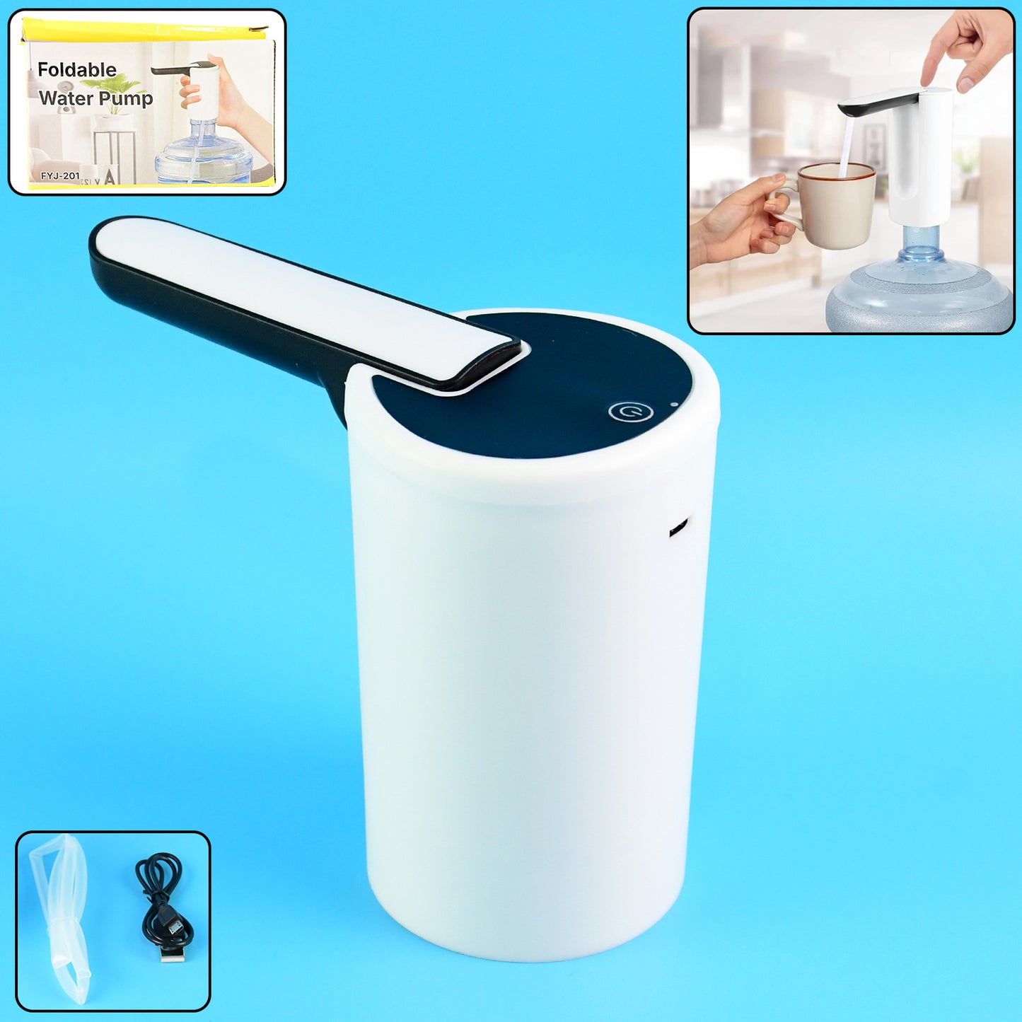 Wukusy electric water dispenser pump for home use, compact and easy to operate, shown attached to a water bottle in the kitchen.
