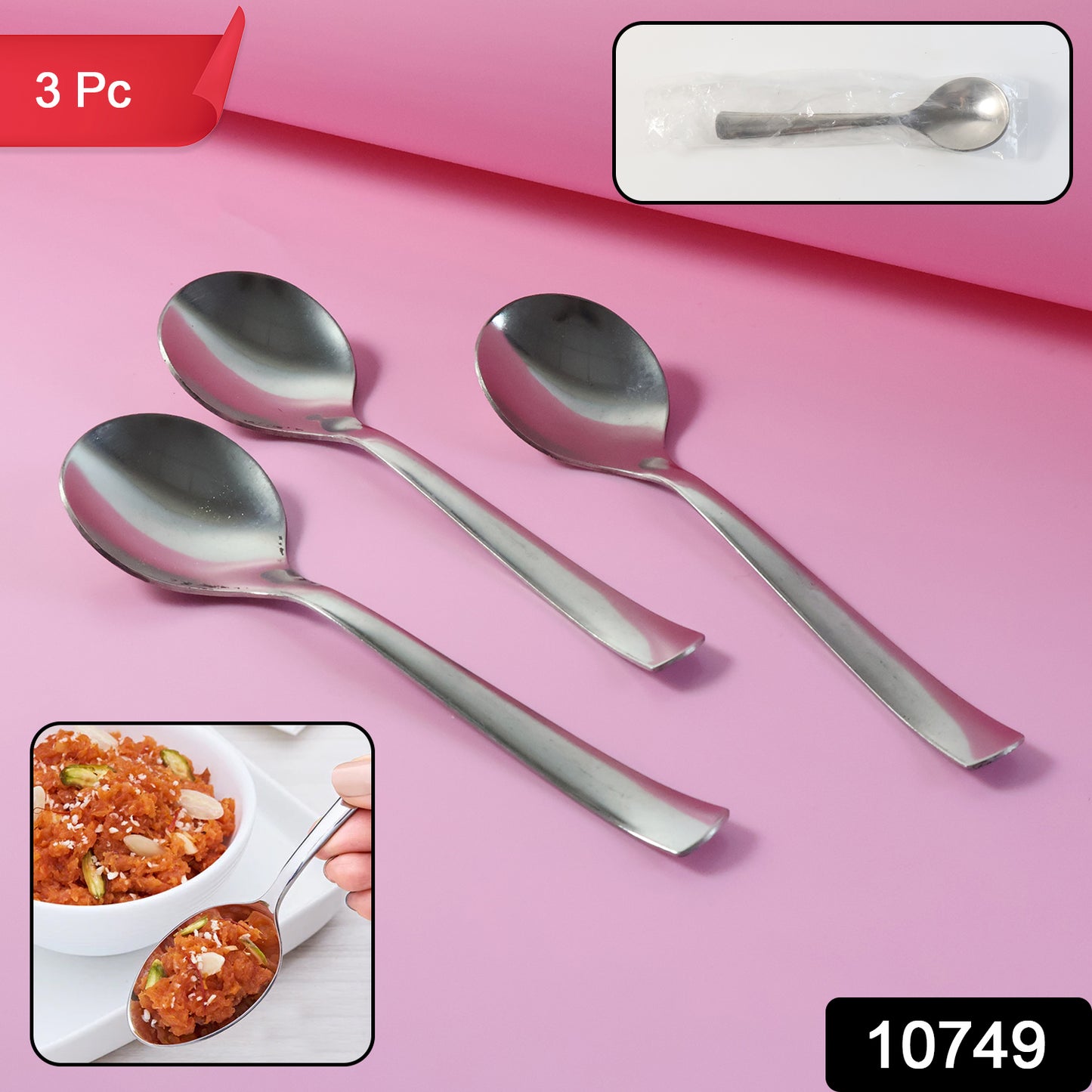 Set of three Wukusy everyday dining spoons, stainless steel kitchen utensils for daily use, on a neutral background