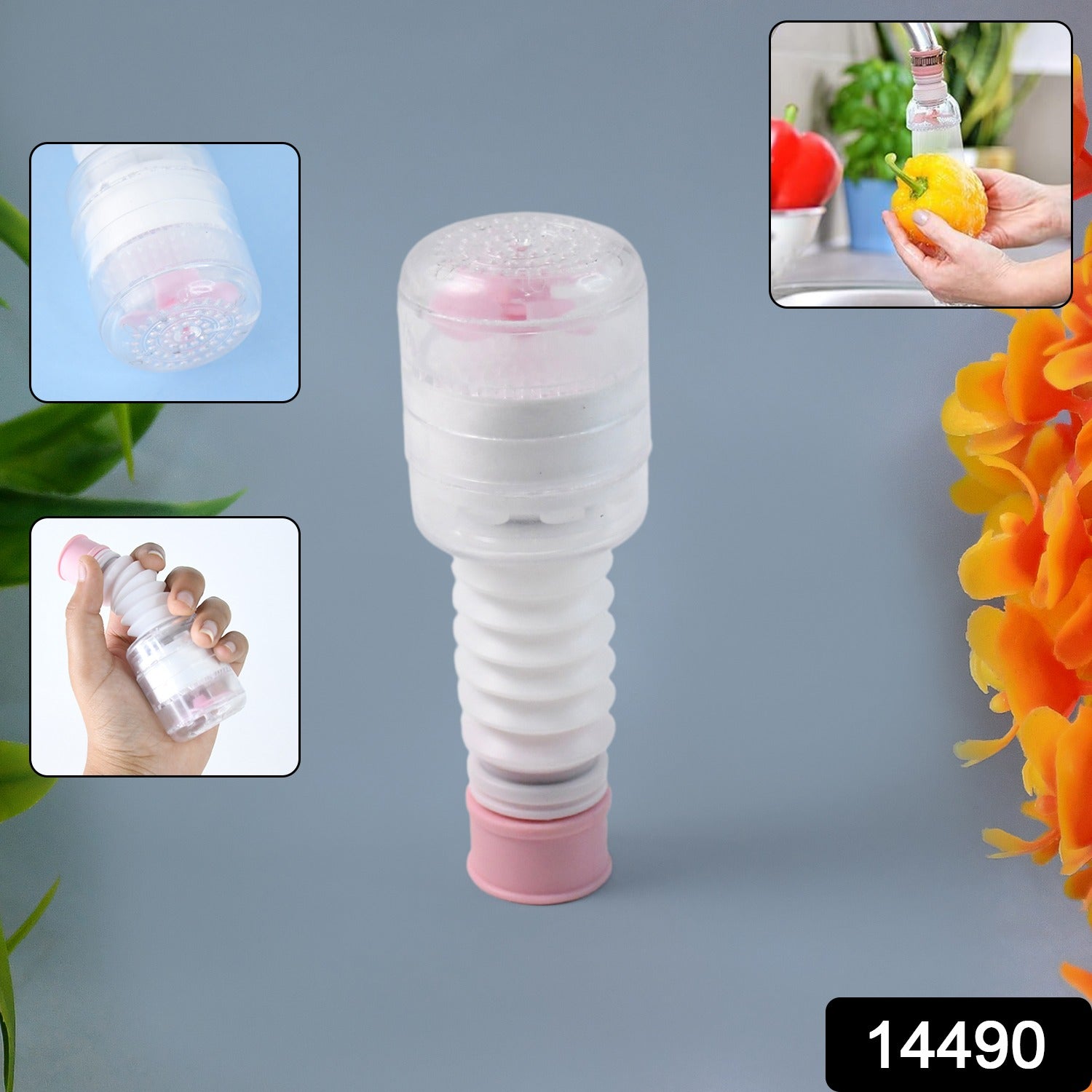 Flexible plastic faucet extender by Wukusy, showcasing its adjustable design attached to a kitchen sink faucet.