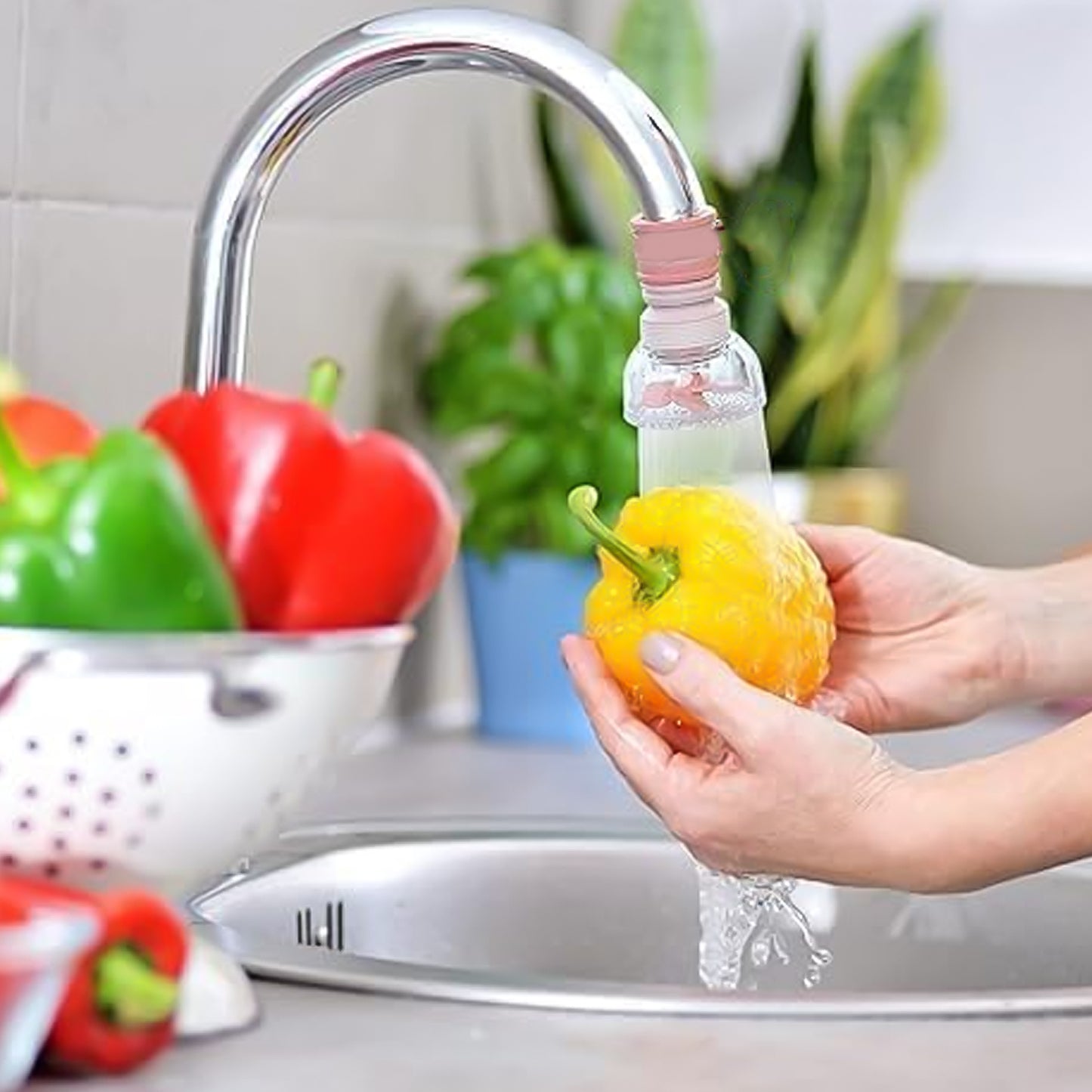 Flexible plastic faucet extender by Wukusy, suitable for home and kitchen sinks, easy to install and extend water reach.