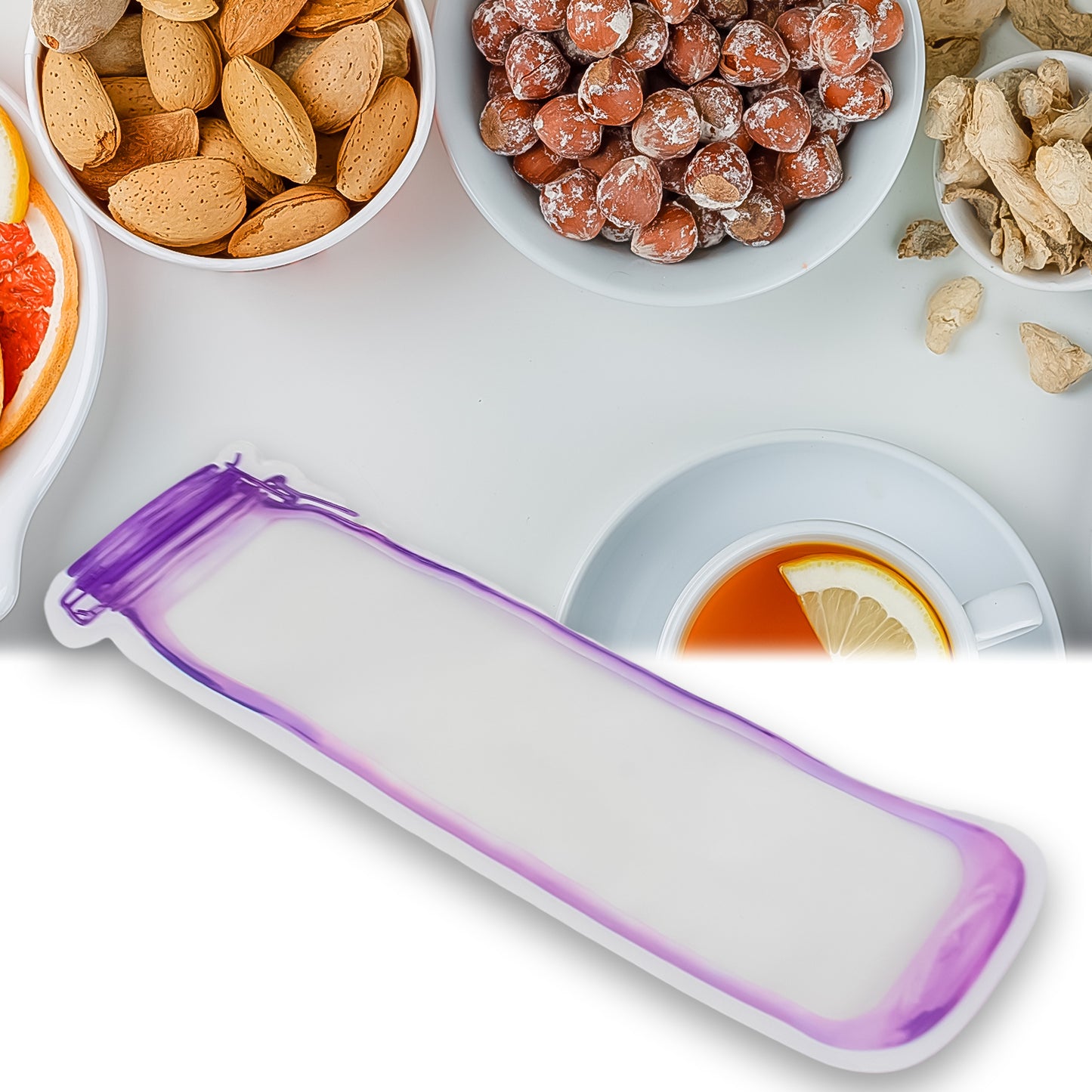 Reusable Wukusy bottle-shaped food storage ziplock bag, 500ml capacity, ideal for kitchen organization and food preservation.