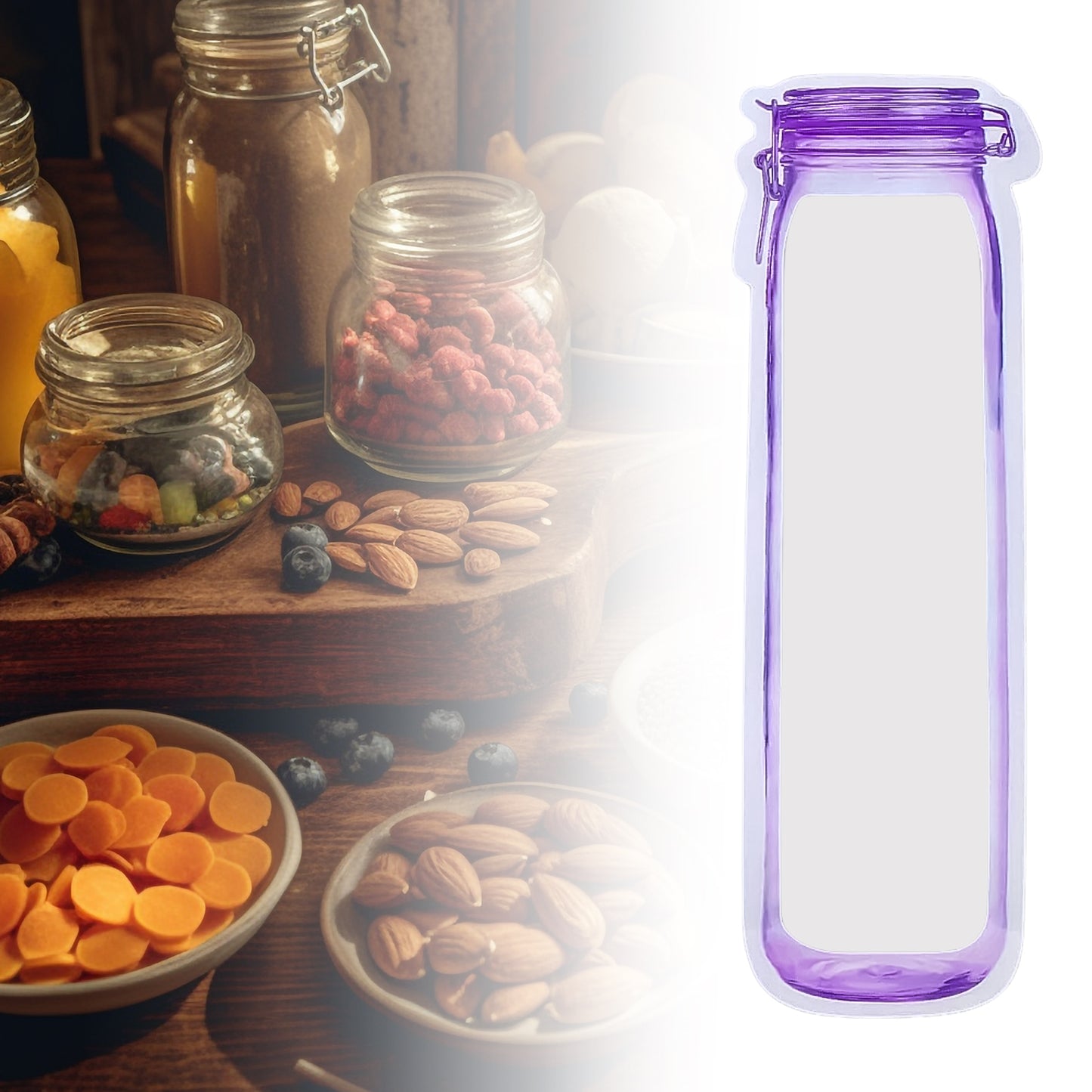 Reusable Wukusy food storage bag in bottle shape with ziplock, 500ml capacity, ideal for kitchen storage and organization.