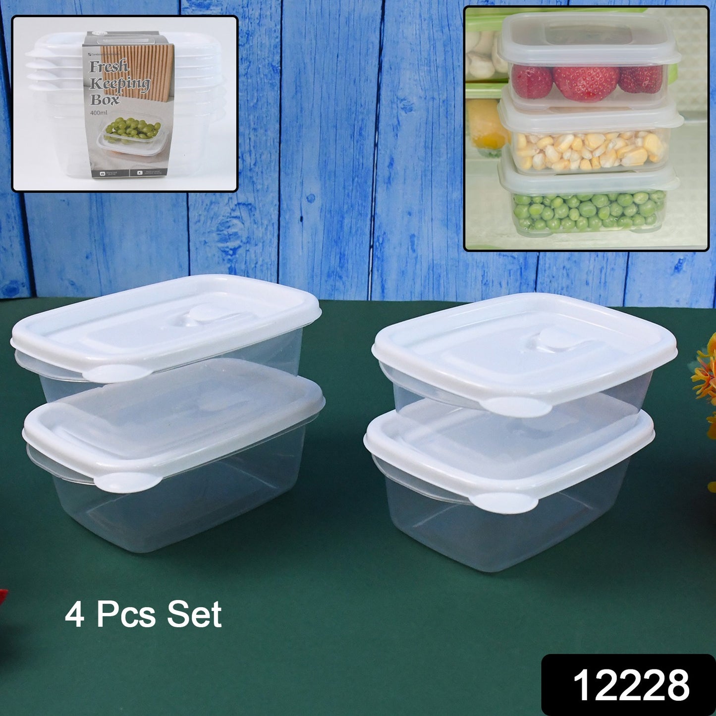 Wukusy 4-pack microwave-safe food storage containers in 400ml sizes, ideal for home kitchen organization and food preservation.