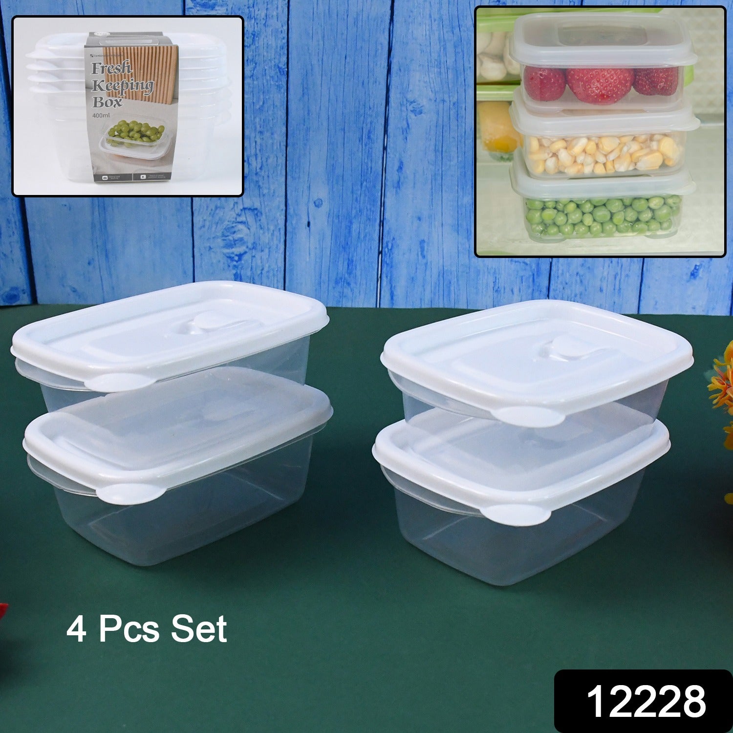 Wukusy 4-pack microwave-safe food storage containers in 400ml sizes, ideal for home kitchen organization and food preservation.