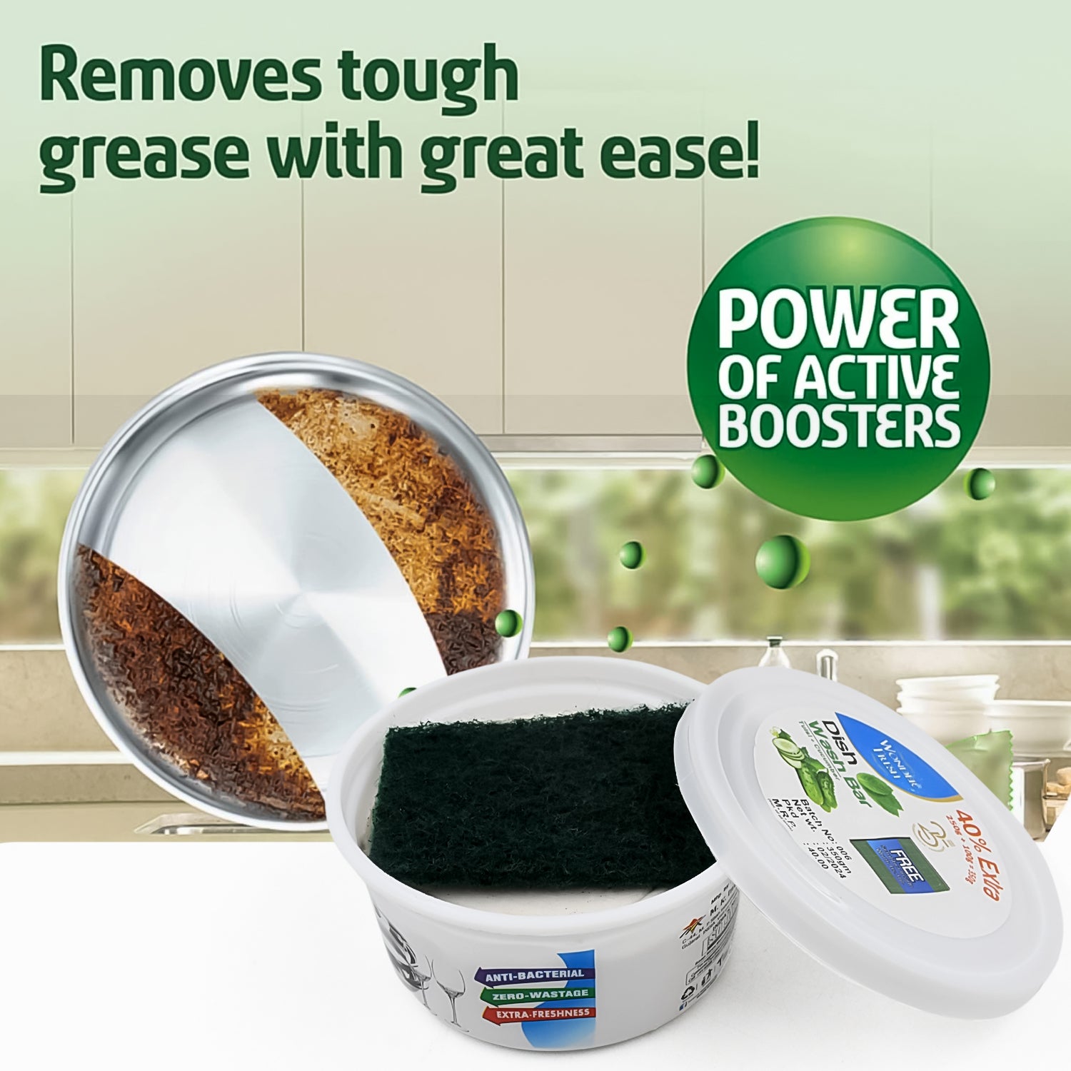 Wukusy Fresh Mix Flavor Round Dishwash Bar with super scrubber-free design, 350g, ideal for tough stains and complete dishwashing.