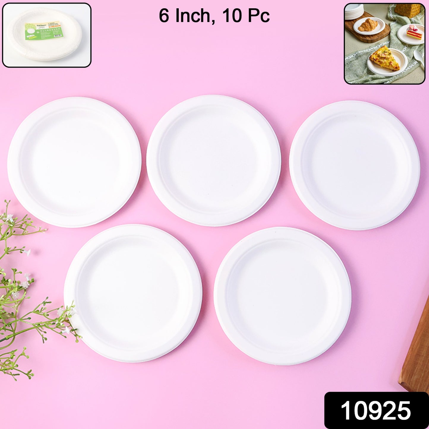 Wukusy Freshee 6-inch round compostable bagasse plates, set of 10, perfect for eco-friendly home and kitchen use