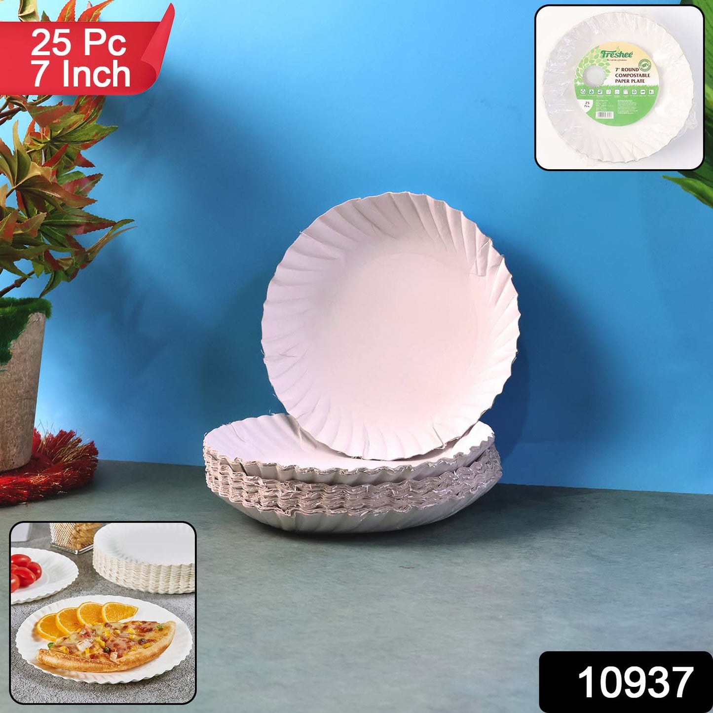 Wukusy Freshee 7-inch round compostable paper plates, 25-pack, eco-friendly disposable plates for home and kitchen use