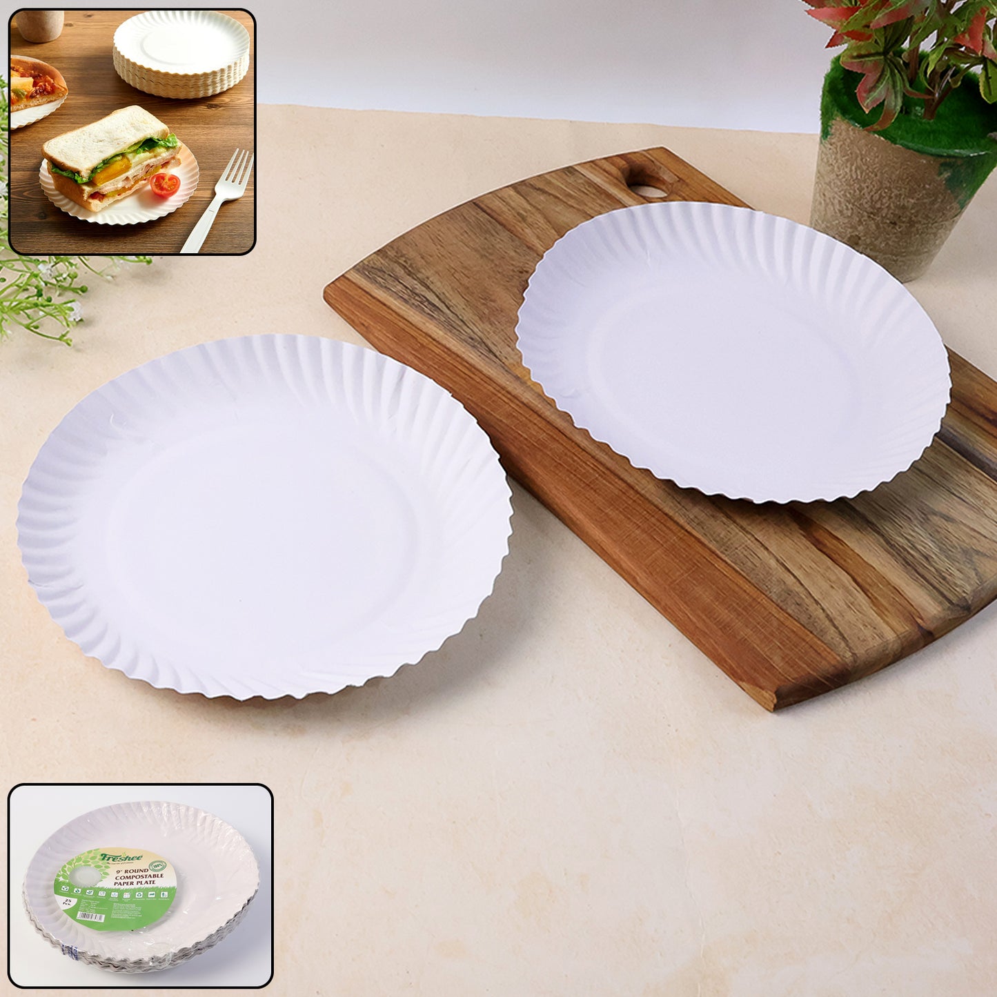 Wukusy Freshee 9-inch round compostable paper plates in a 25-pack, ideal for eco-friendly home and kitchen use
