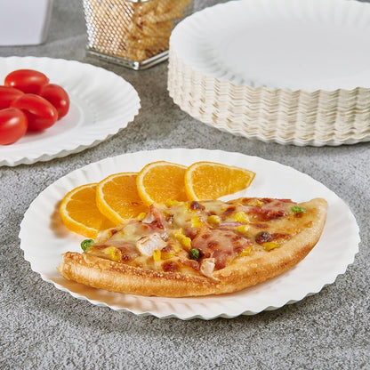 Wukusy Freshee 9-inch round compostable paper plates, set of 25, eco-friendly disposable dinnerware for home and kitchen use.
