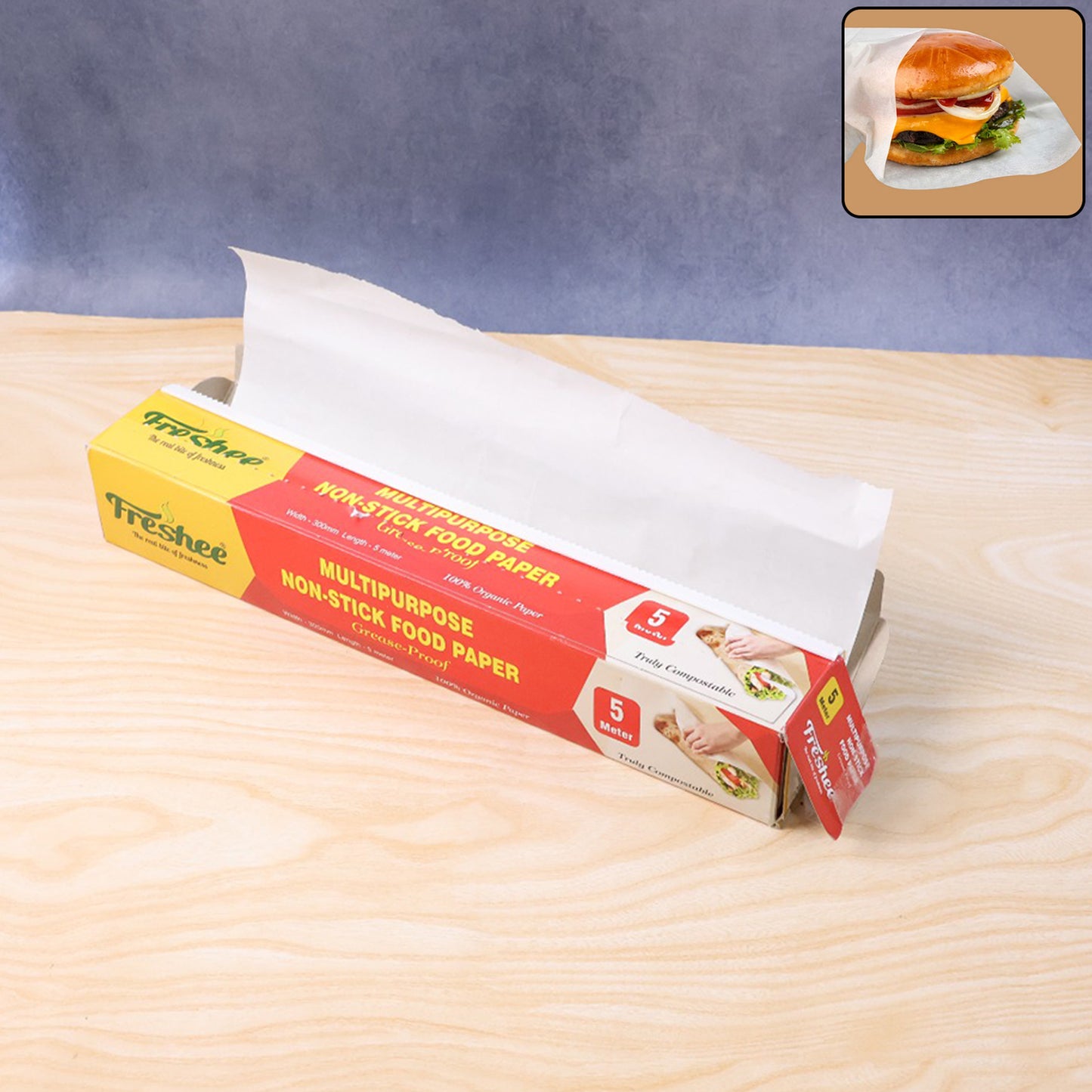 Wukusy Freshee multipurpose grease-proof non-stick food paper roll, 300mm by 5 meters, ideal for kitchen food wrapping and baking.