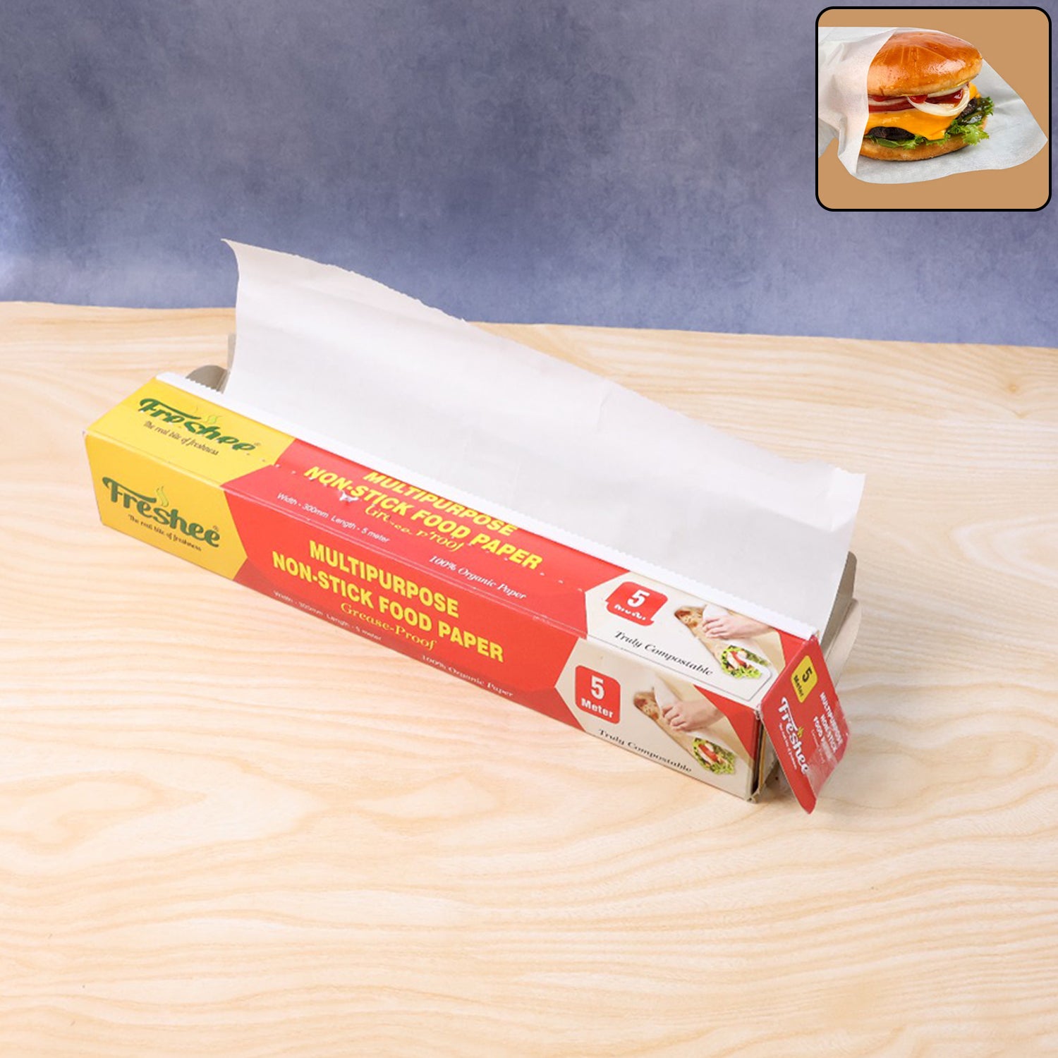 Wukusy Freshee multipurpose grease-proof non-stick food paper roll, 300mm by 5 meters, ideal for kitchen food wrapping and baking.