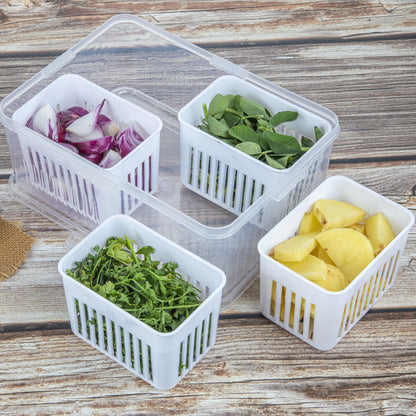Wukusy fridge storage box for vegetables and food, clear plastic container with draining crisper for refrigerator organization.