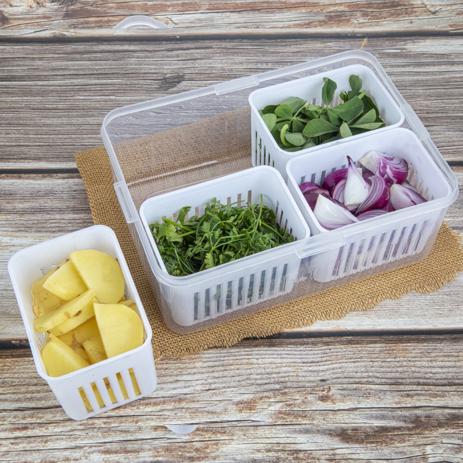 Wukusy fridge storage box for vegetables and food, clear plastic container with draining crisper for refrigerator organization.